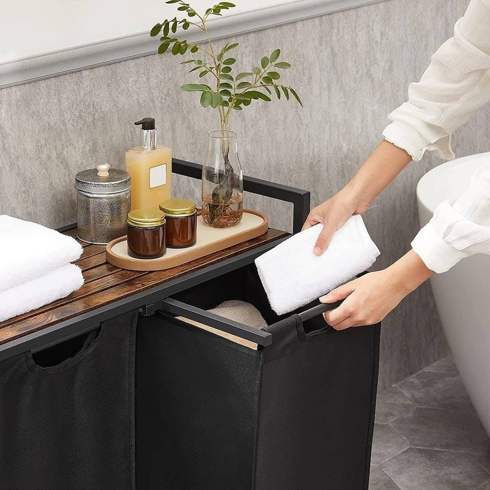 Metal Wood Industrial Modern Laundry Sorter Hamper Black/Brown-1