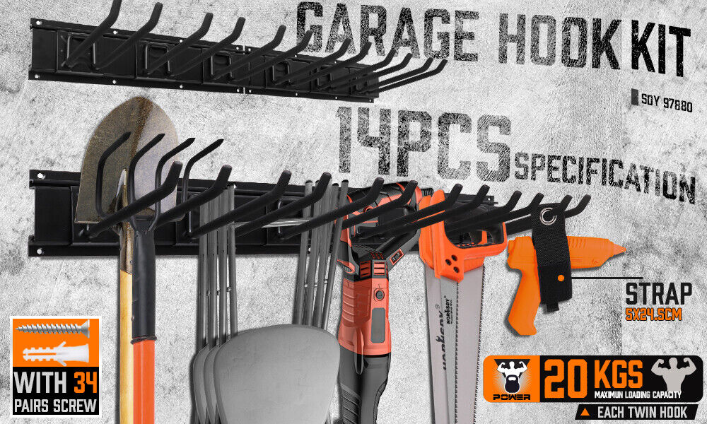 NNEDSZ Wall Mounted Hook Rail Set Bike Holder Garden Tool Storage Rack Garage Organizer-1