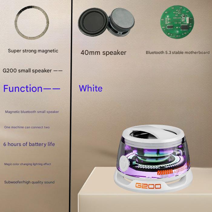 NNEDSZ White Portable Mini Bluetooth Speaker with Magnetic Base, High-Quality Bass and Surround Sound, Colorful Ambient Lighting, USB Rechargeable, 6-Hour Battery Life
