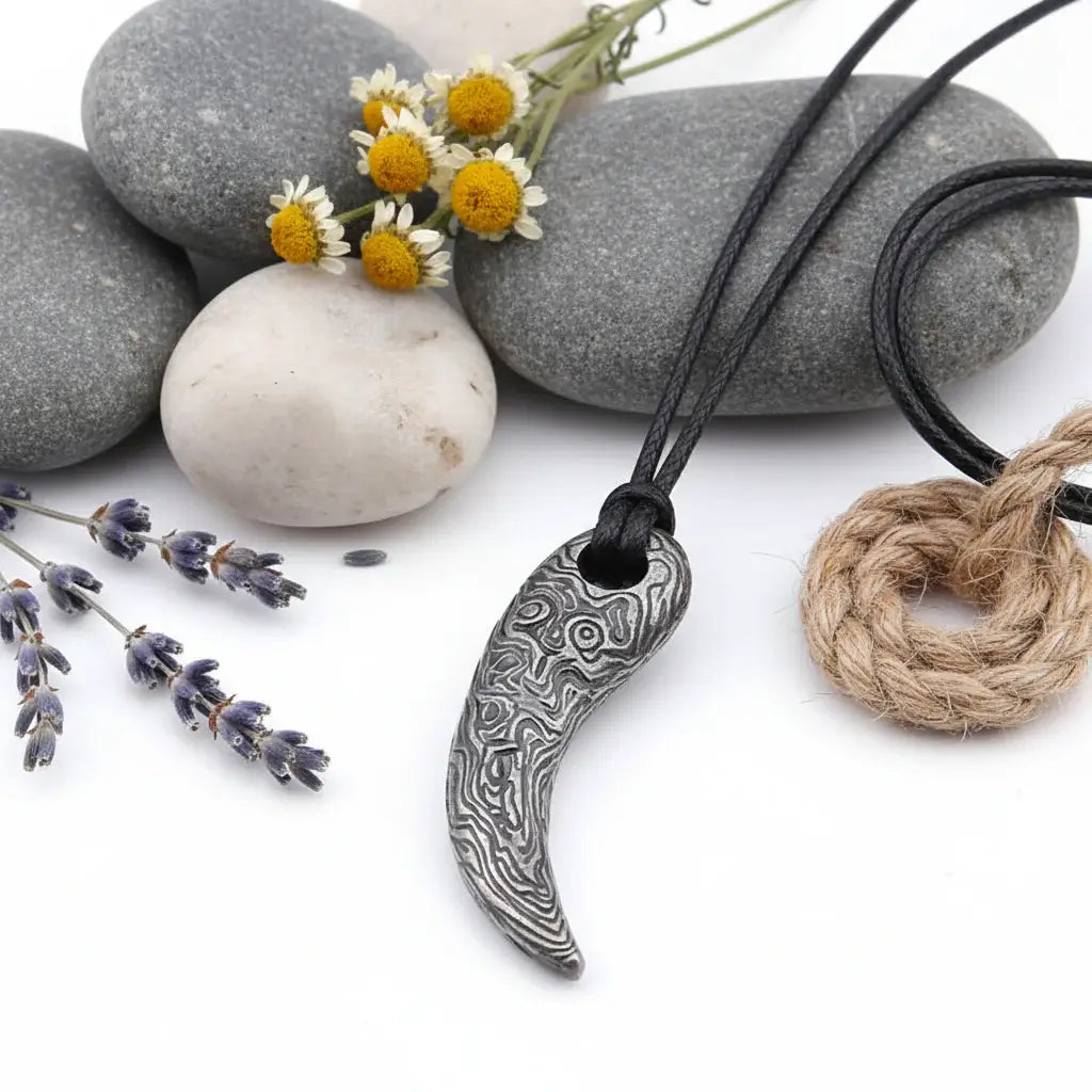 Viking Damascus steel tooth pendant Necklace Nordic Warrior Jewelry-2