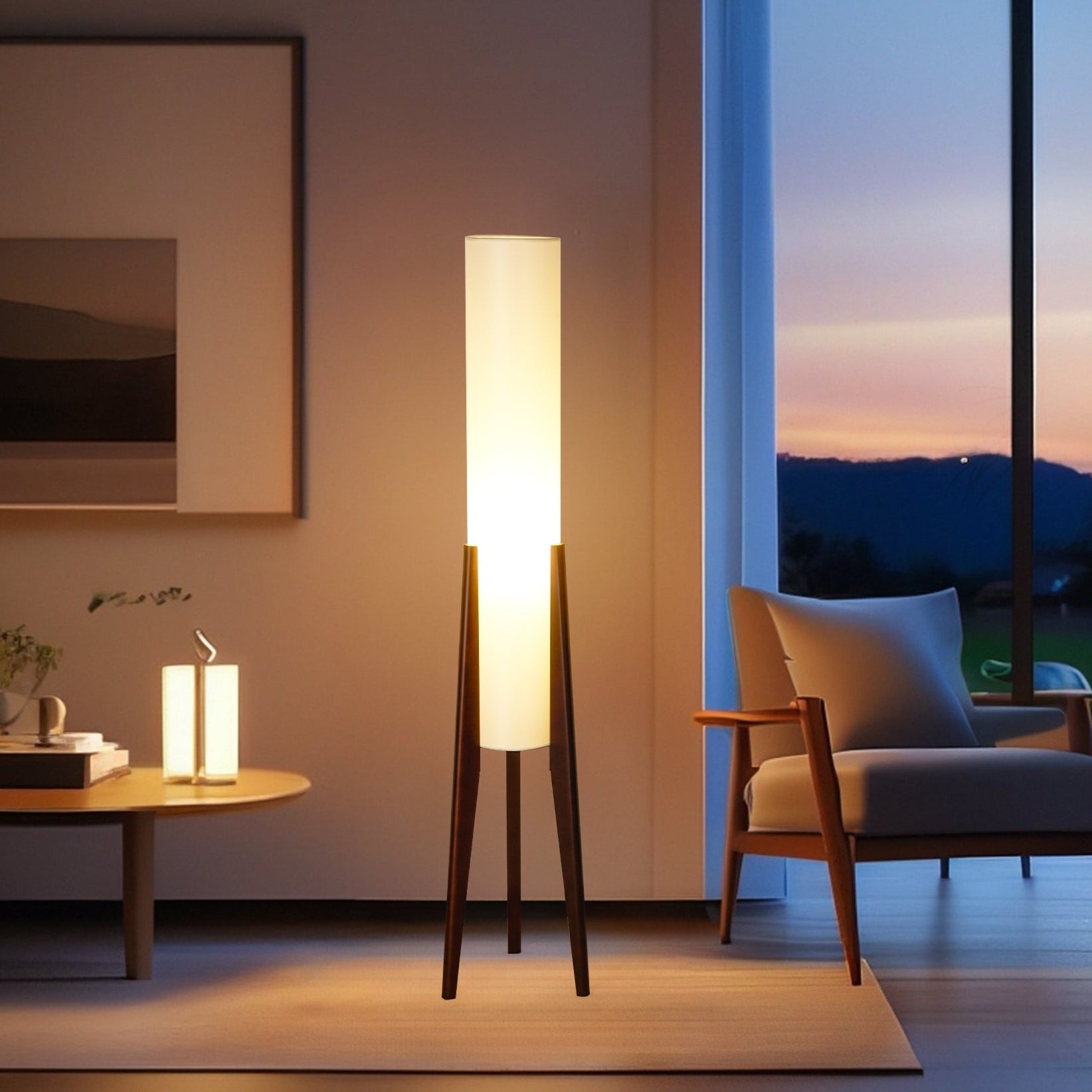 Modern Cylinder Floor Lamp with Wooden Tripod Legs-1