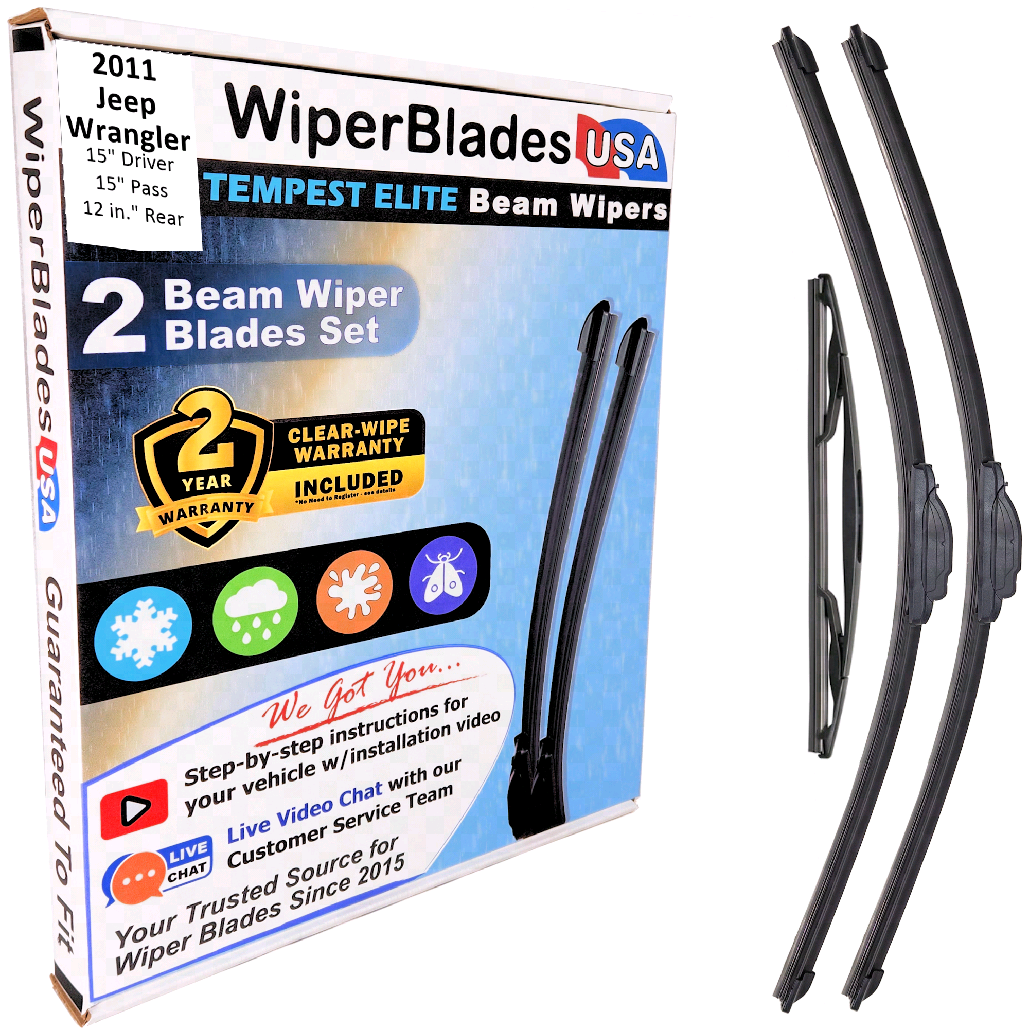 2011 Jeep Wrangler Wiper Blades w/2yr Wear Warranty (Set of 3) w/Rear Wipers-0