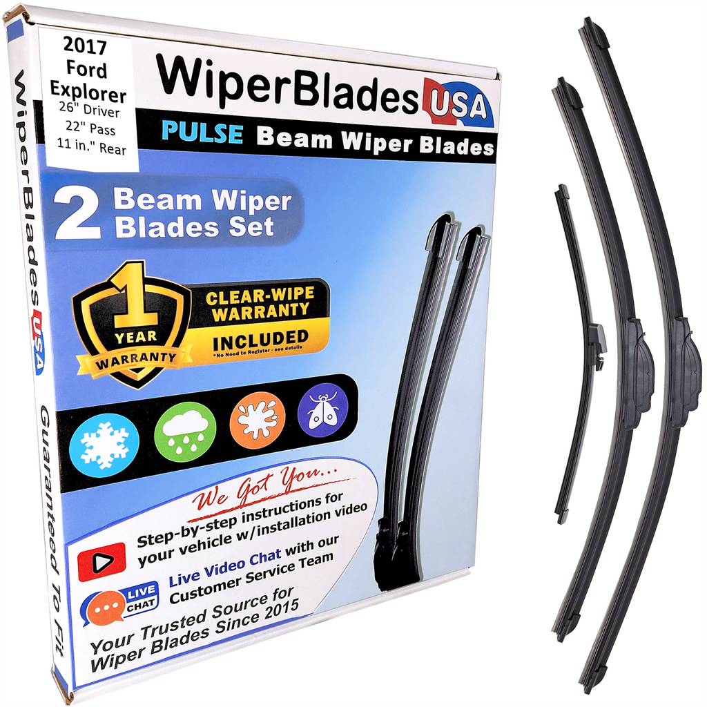 2017 Ford Explorer Wiper Blades w/1yr Wear Warranty (Set of 3) w/Rear Wipers-0
