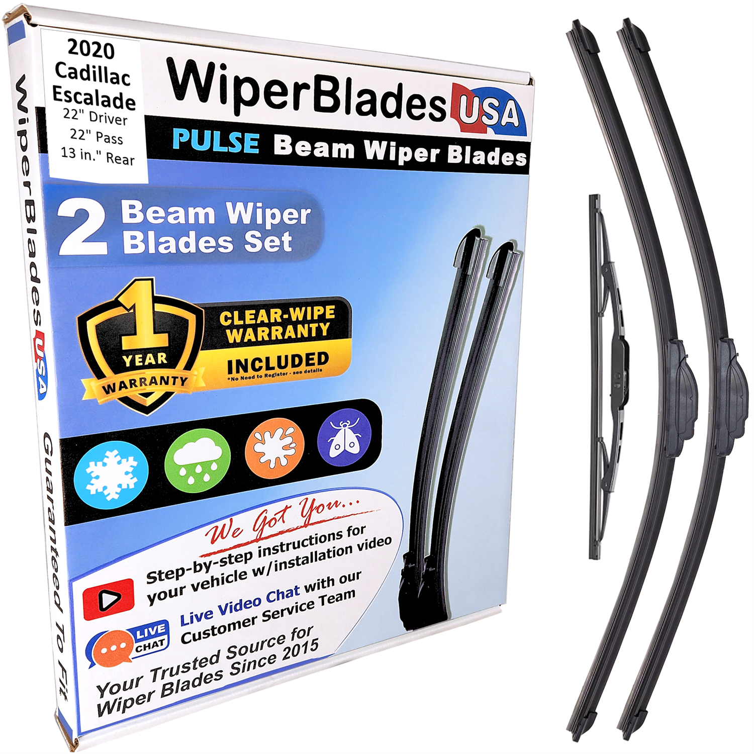 2020 Cadillac Escalade Wiper Blades w/1yr Wear Warranty (Set of 3) w/Rear Wipers-0