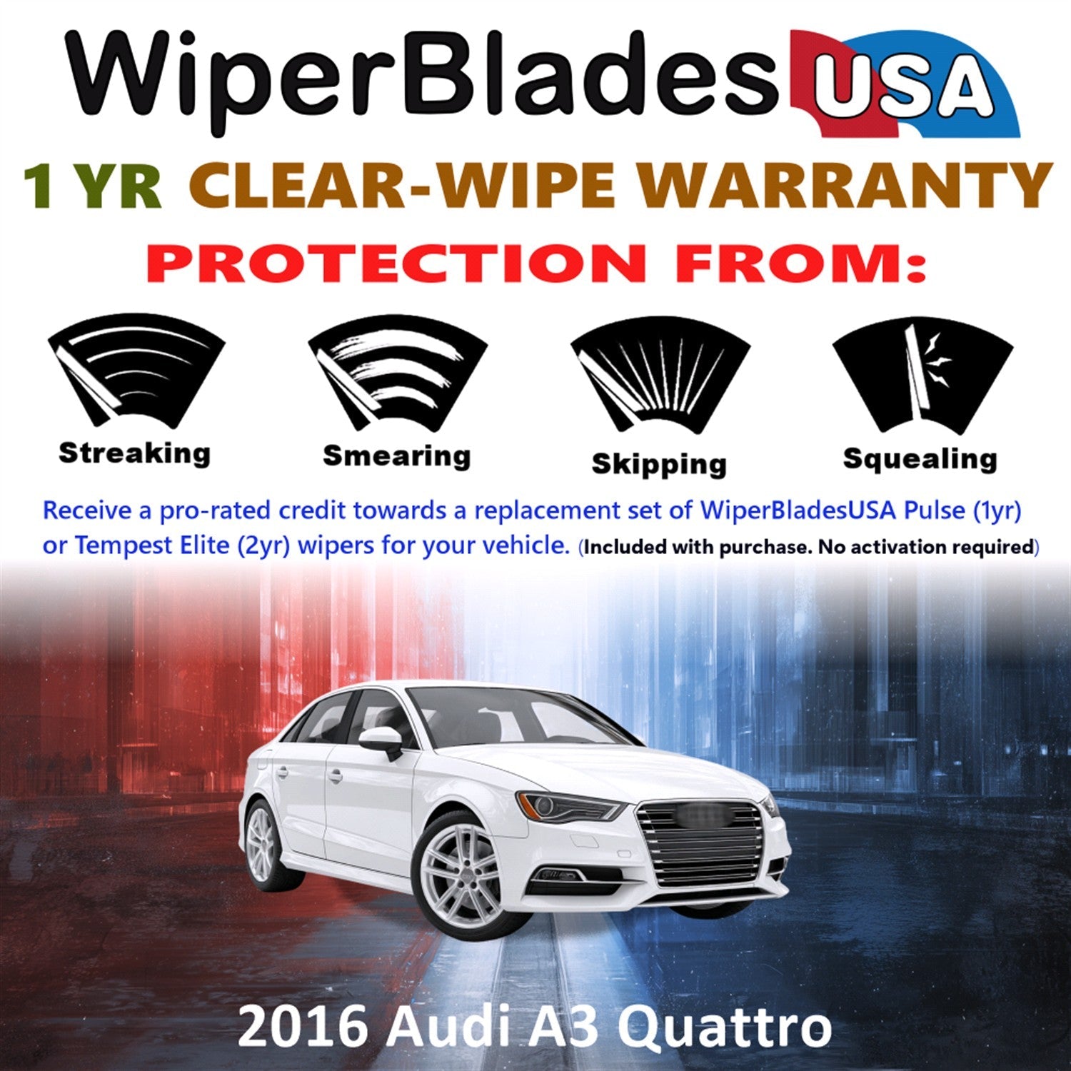2016 Audi A3 Quattro Wiper Blades w/1yr Wear Warranty (Set of 2) Wipers-1