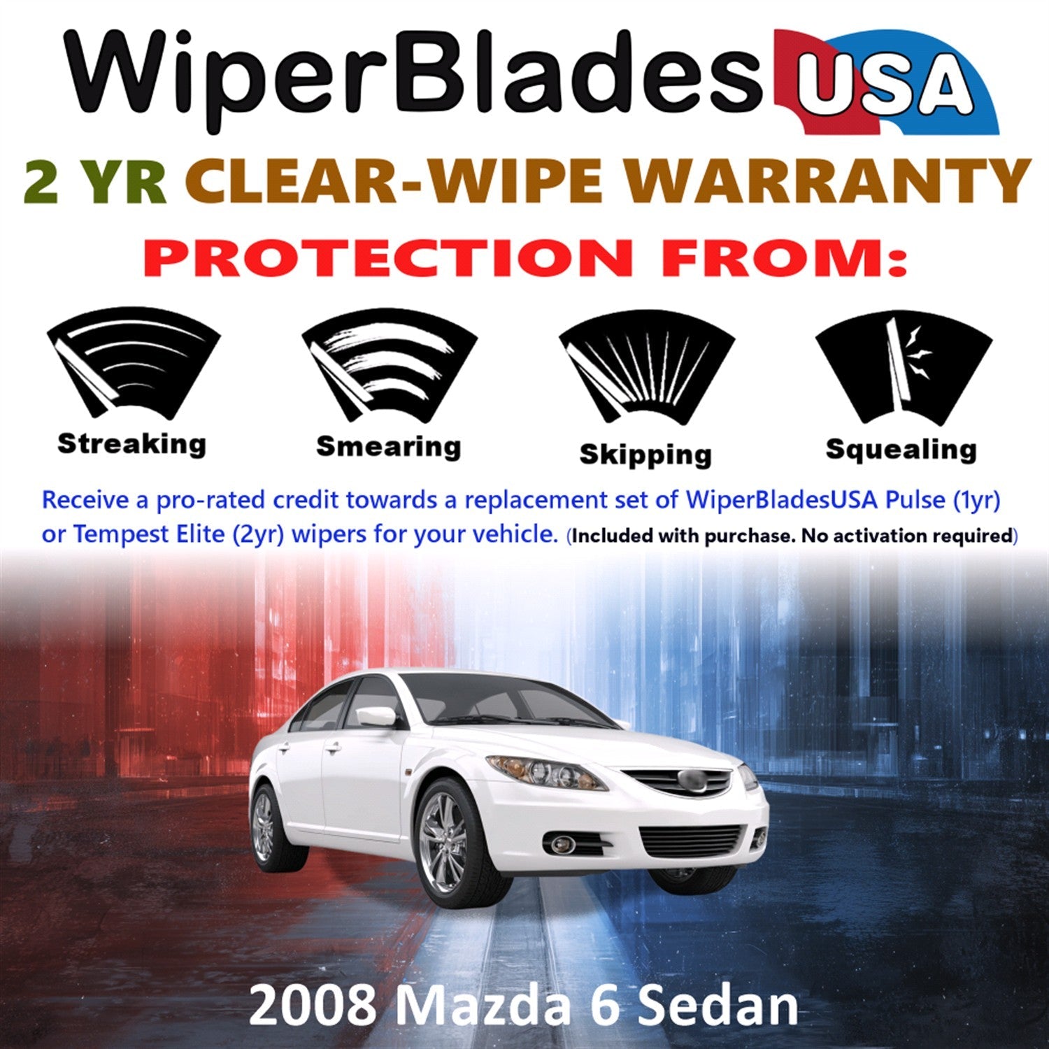 2008 Mazda 6 (Sedan) Wiper Blades w/2yr Wear Warranty (Set of 2) Beam Wipers-1