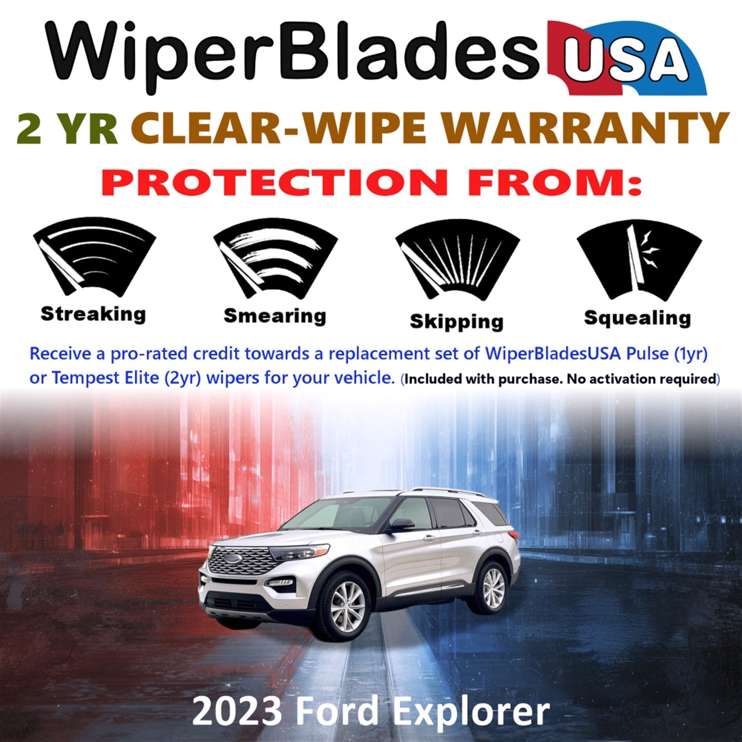 2023 Ford Explorer Wiper Blades Set w/2yr Wear Warranty (Set of 2) Tempest Elite-1