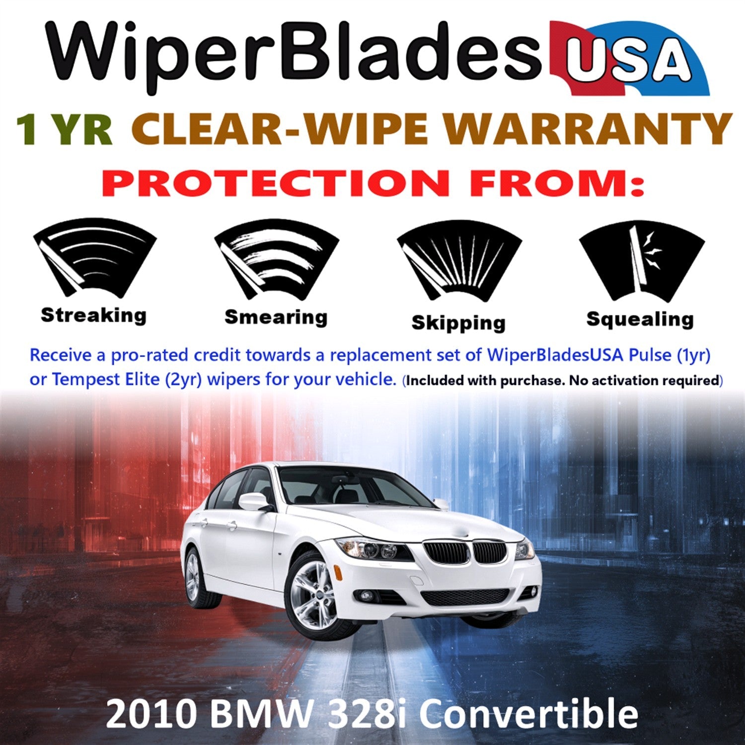 2010 BMW 328i (Convertible) Wiper Blades w/1yr Wear Warranty (Set of 2) Wipers-1