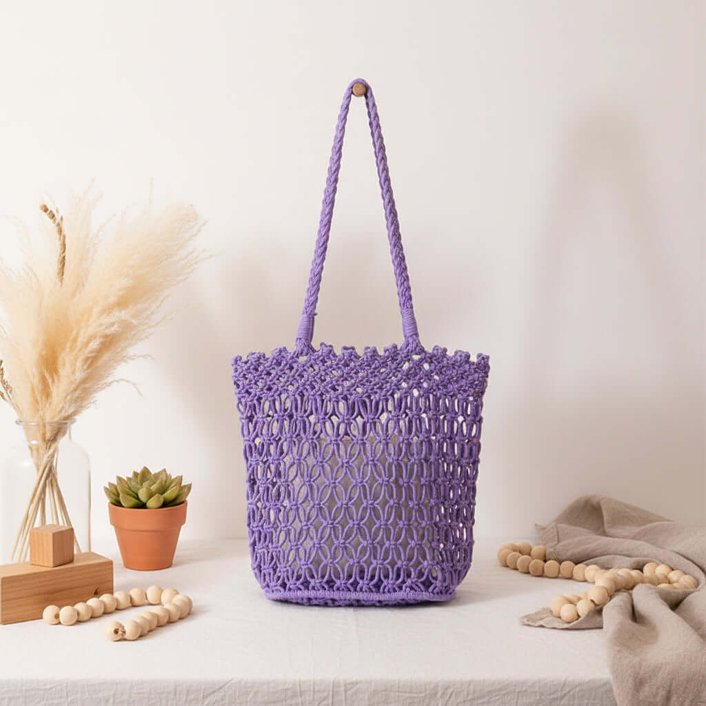 Women beach vacation bag Hollow Out Cutout Shoulder Cotton Woven Bag-2