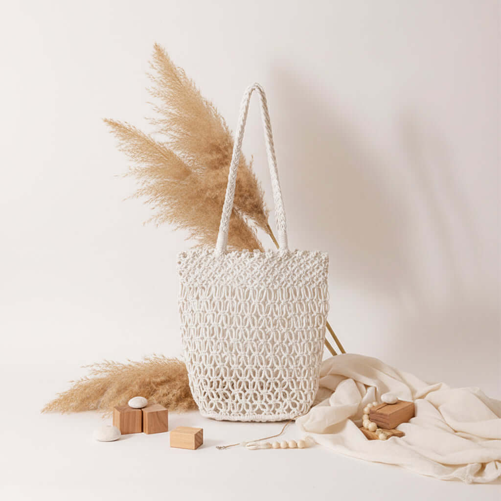 Women beach vacation bag Hollow Out Cutout Shoulder Cotton Woven Bag-4