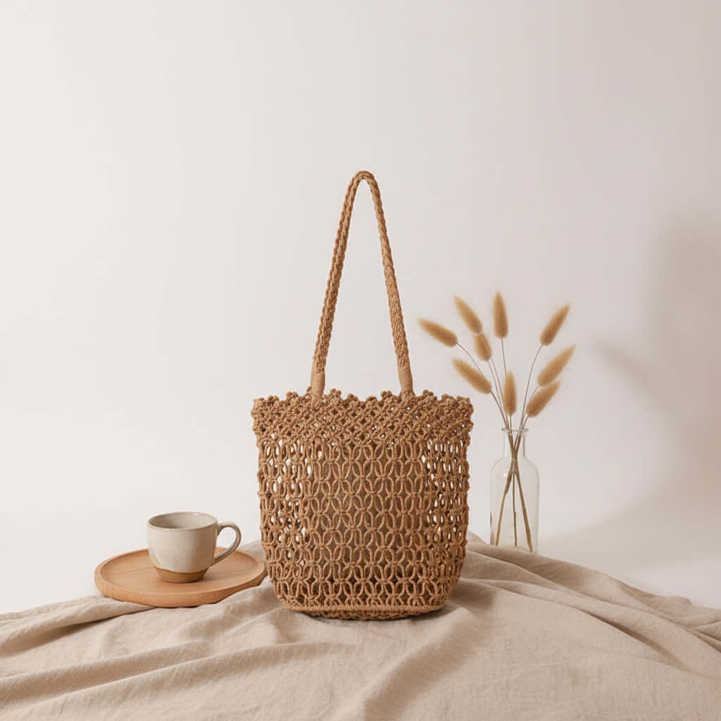Women beach vacation bag Hollow Out Cutout Shoulder Cotton Woven Bag-5