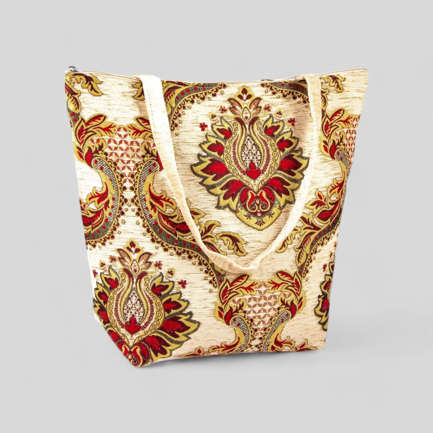 Authentic Kilim Fabric Ottoman Design Purse with Handles, Turkish Carpet, Beach Bag, Tote, Reusable Shopping Bag -- Cream/Red/Yellow-0
