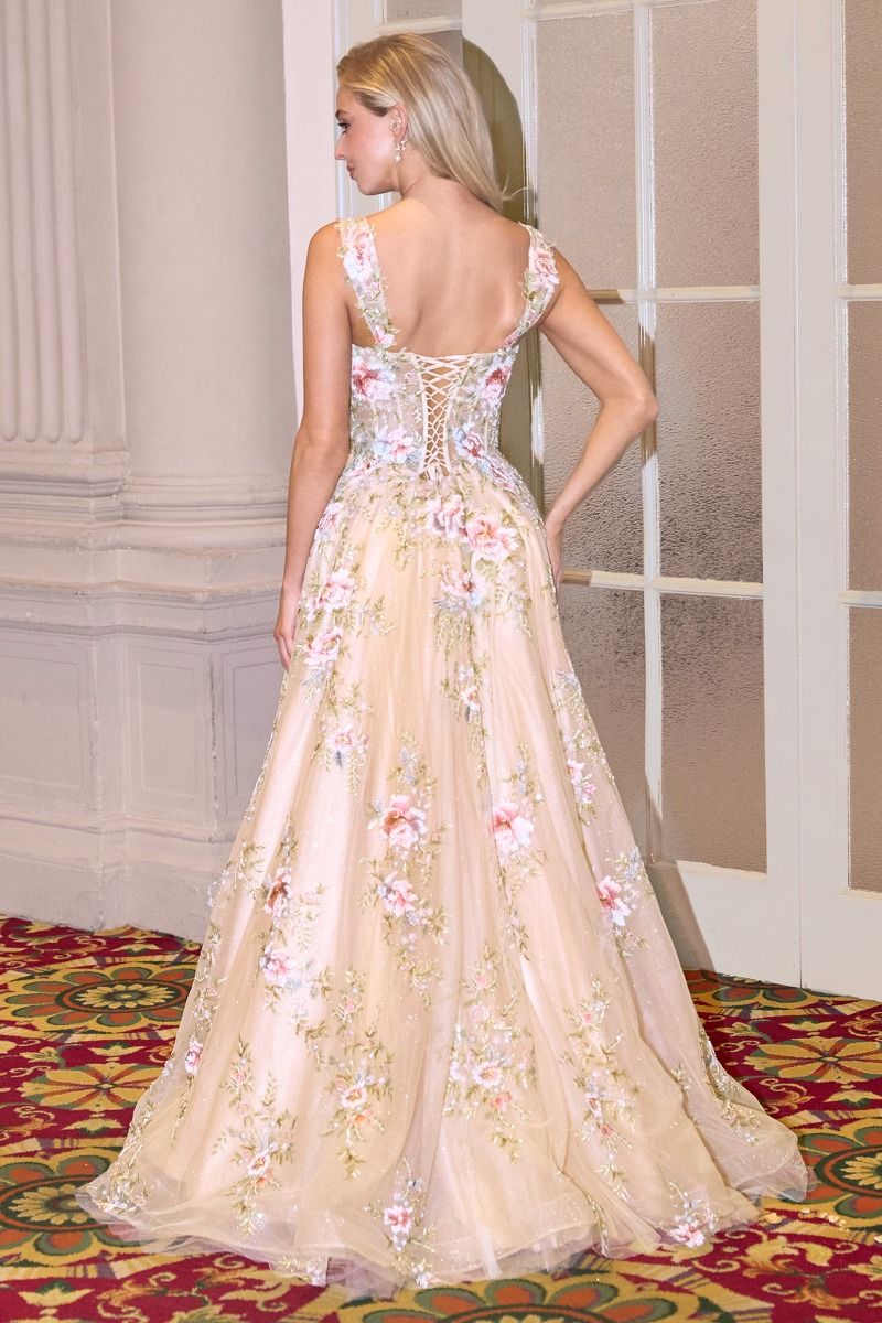 Square Neck Floral Embroidered A-Line Tulle Gown-4