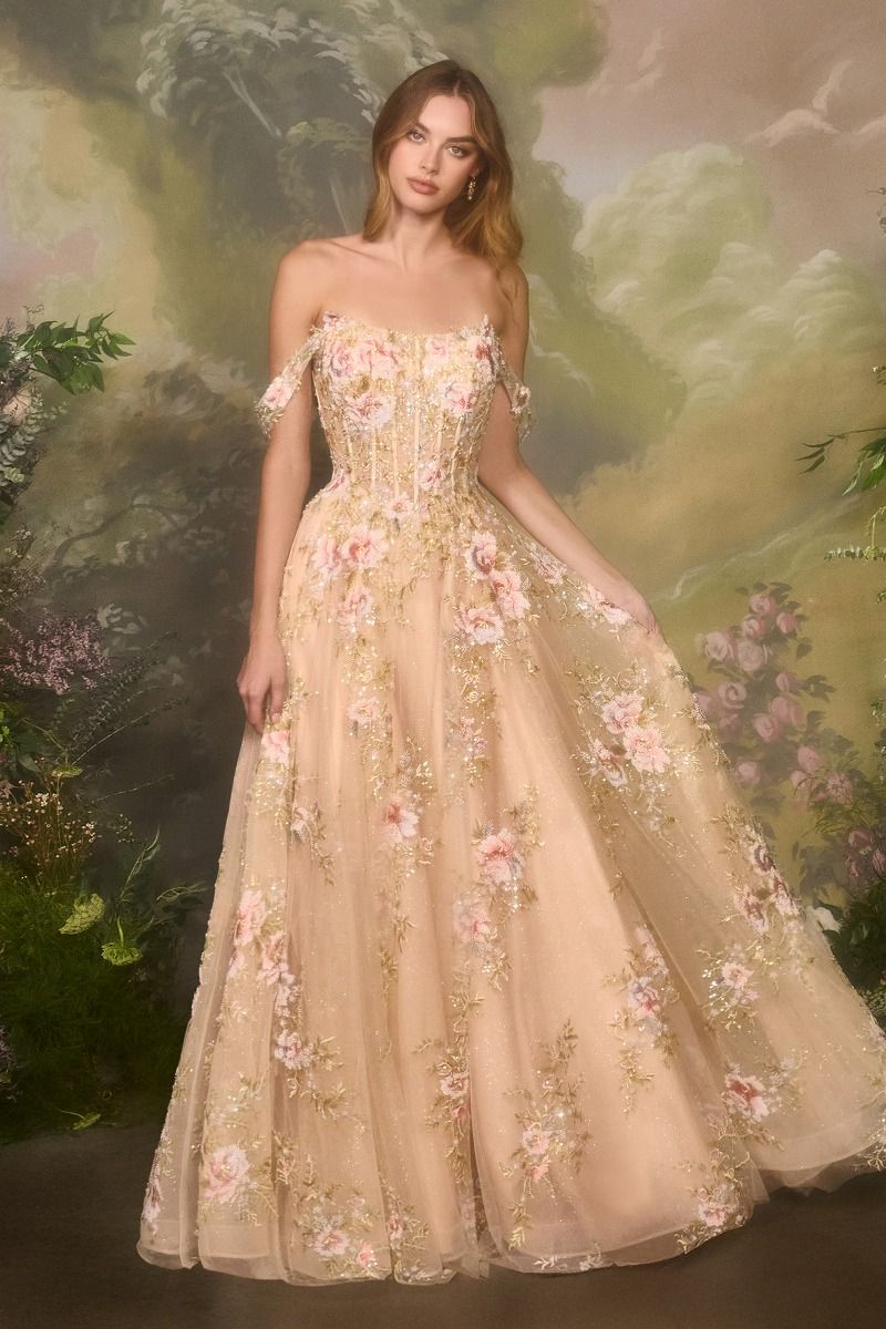Square Neck Floral Embroidered A-Line Tulle Gown-0
