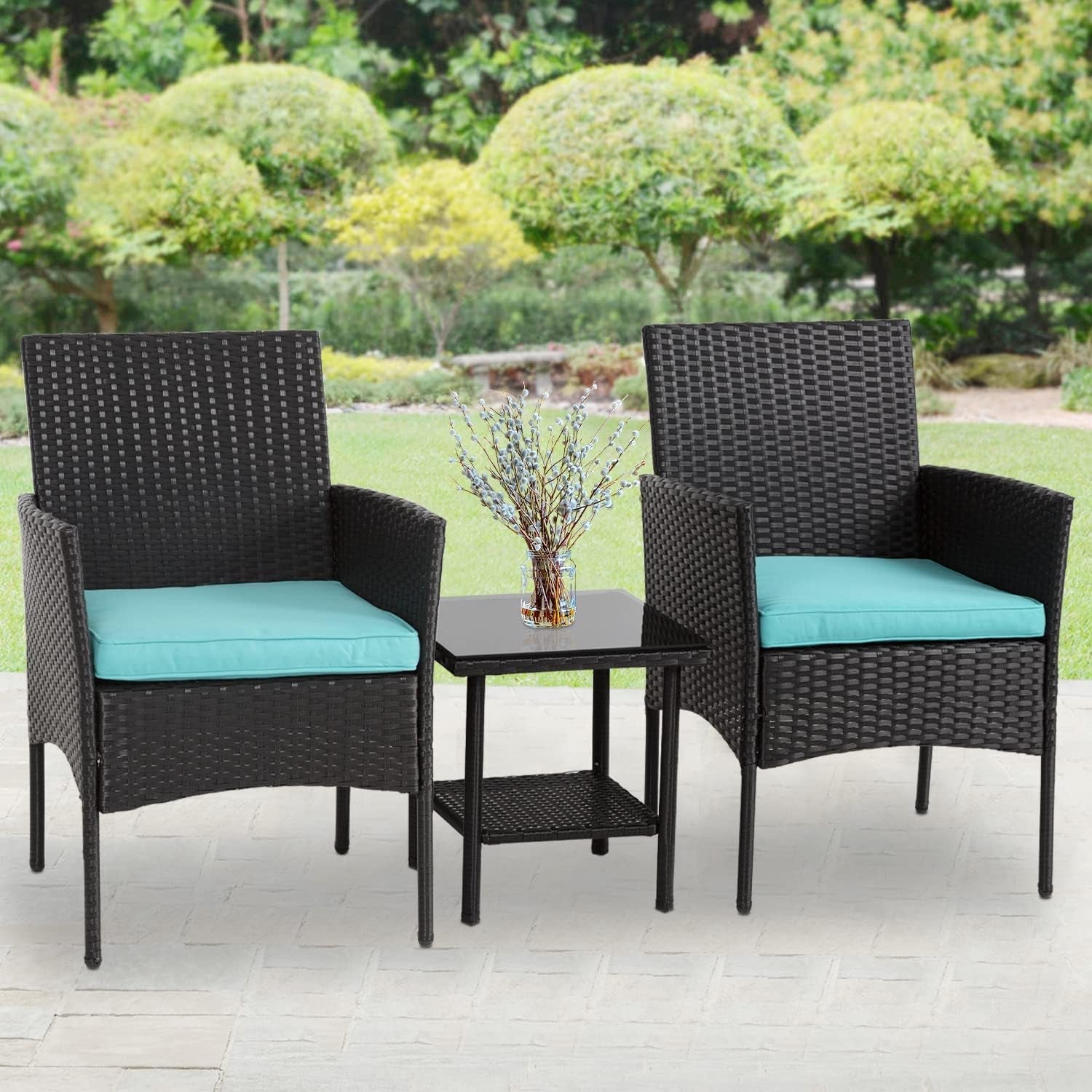 3 Piece Outdoor Patio Furniture Set With 2 Rattan Chairs And Blue Cushions For Porch And Garden