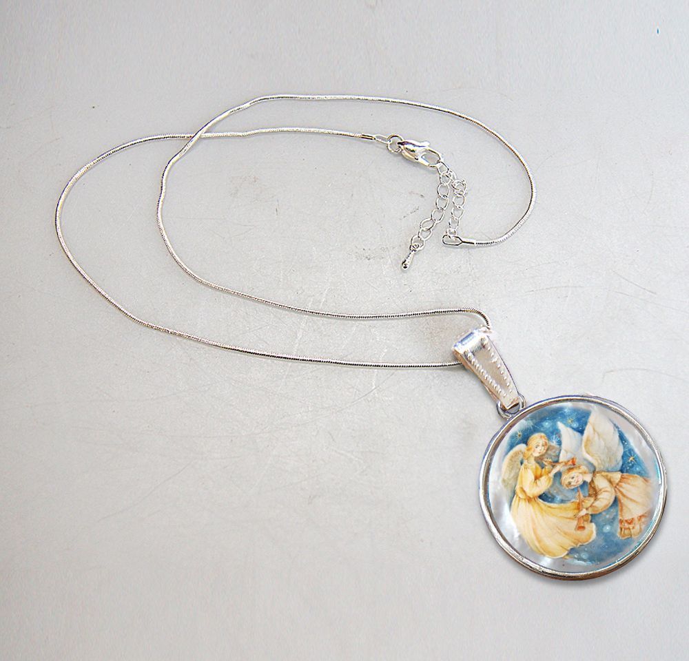 Angels Watching Over Silver Plated Mother of Pearl Jewelry Necklace - 43046-4