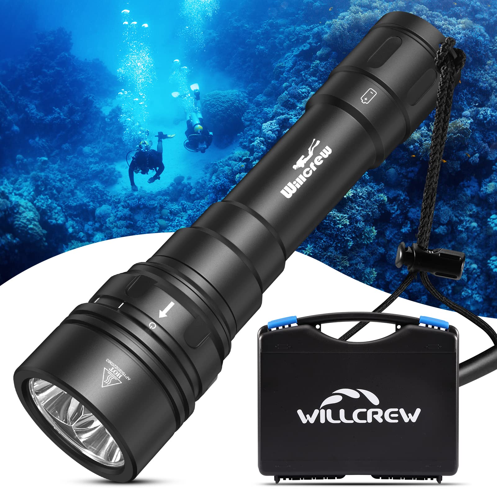 Willcrew DX150 15000 Lumen Dive Lights Professional Scuba Diving Flashlight Waterproof Underwater Rechargeable Dive Torch 4 Light Modes with Charger and Toolbox