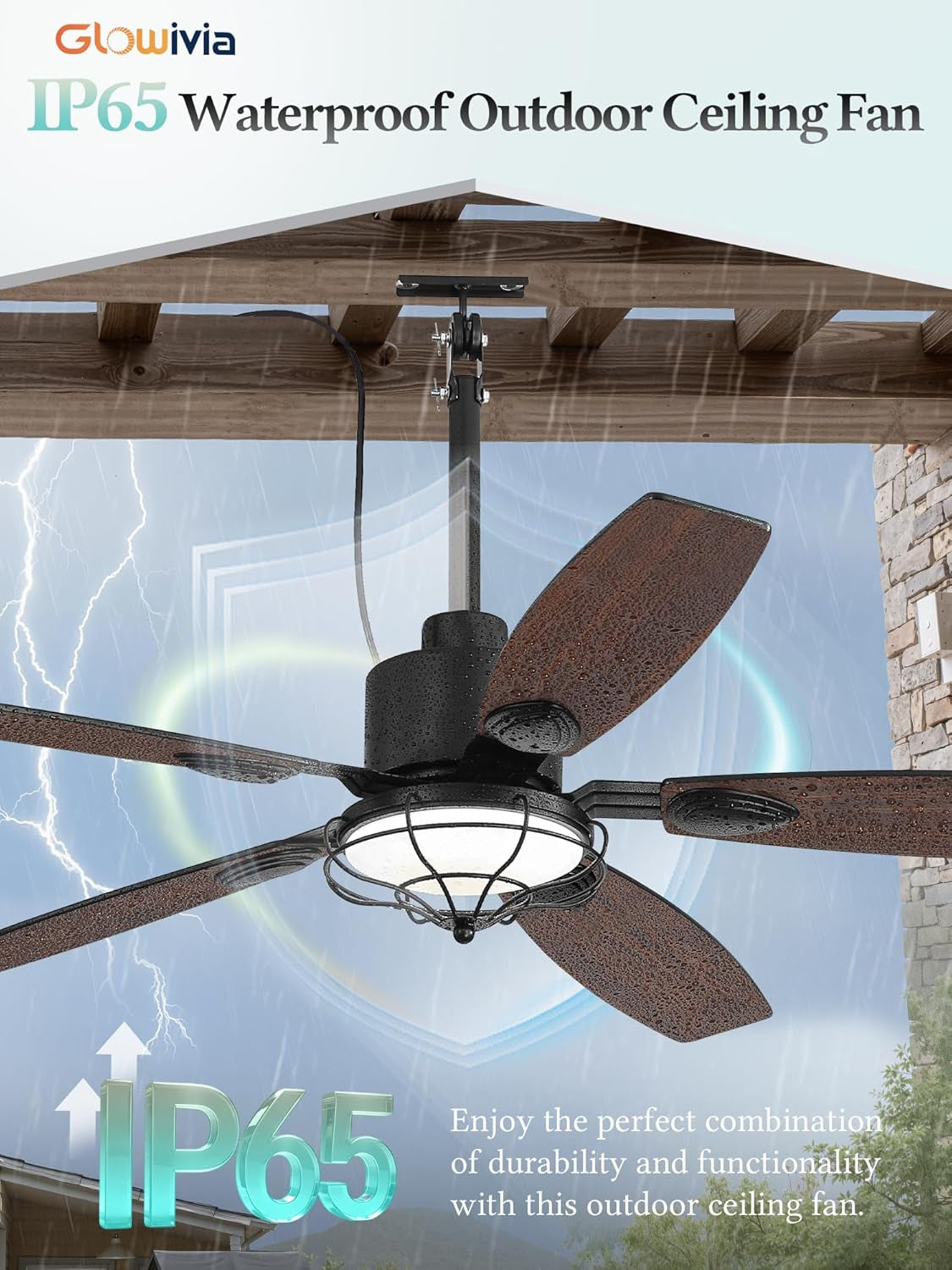 52 Inch Black Weather Resistant Outdoor Ceiling Fan-1