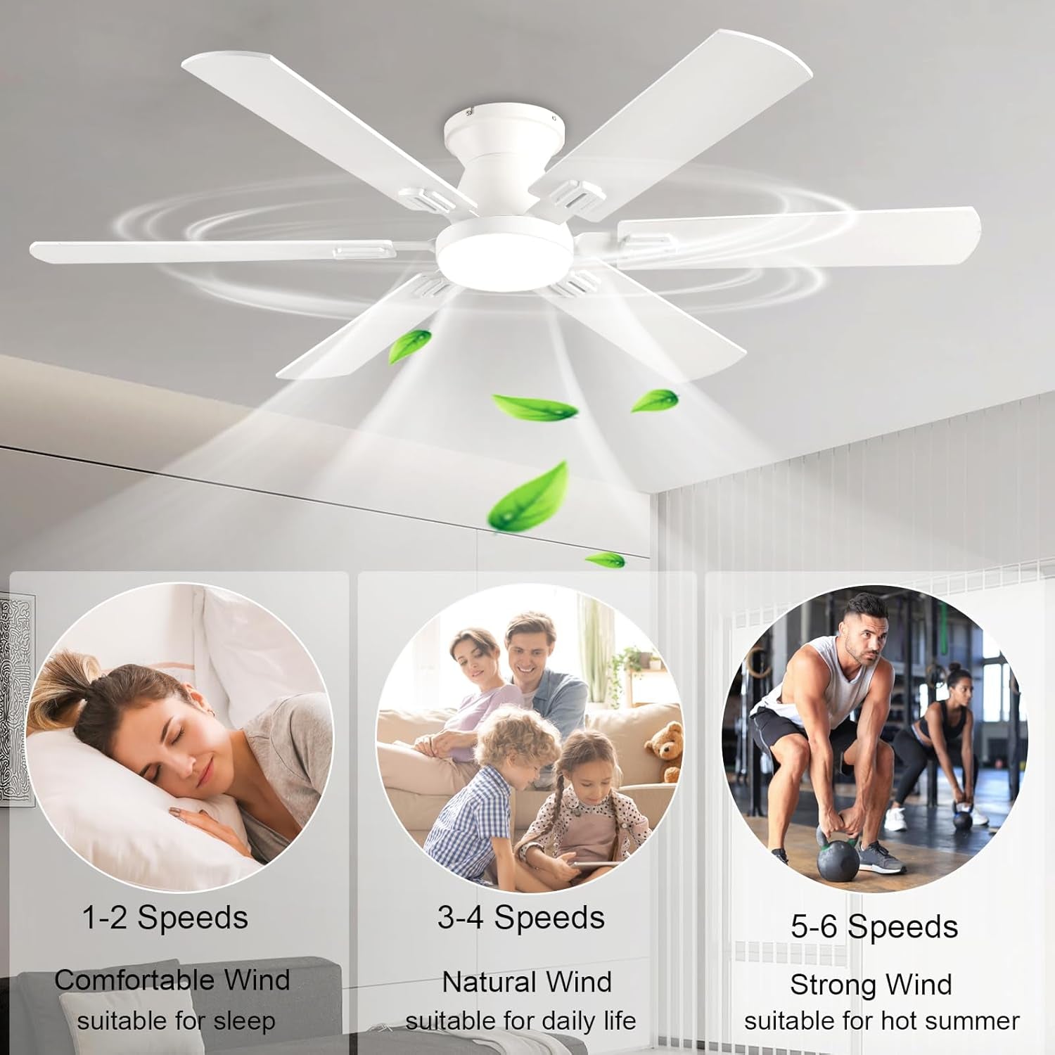 56Inch White Flush Mount Ceiling Fan Remote Control-3