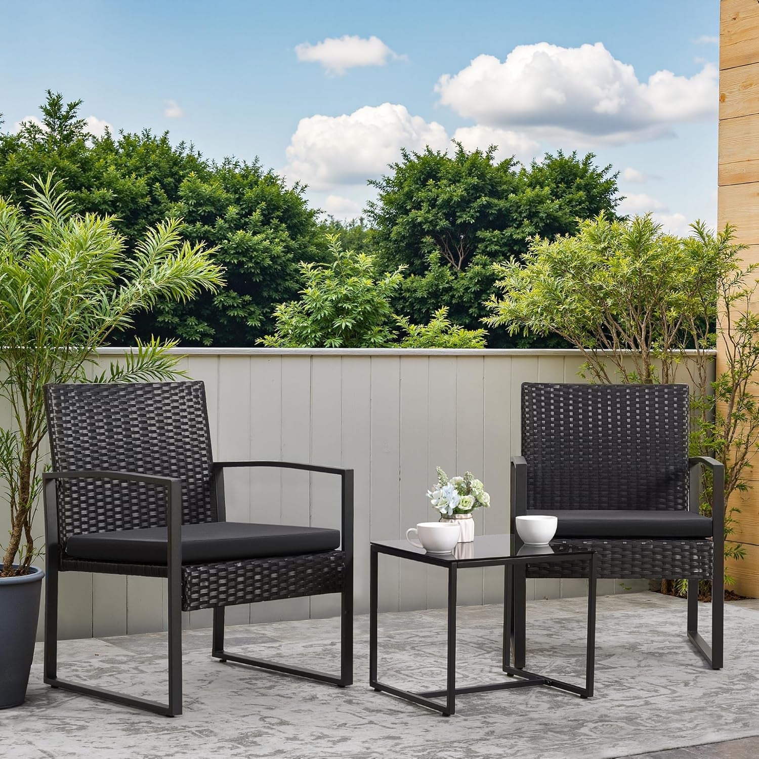 3 Piece Wicker Conversation Bistro Set Outdoor Patio Furniture Black Rattan Chairs Coffee Table For Garden Lawn Porch