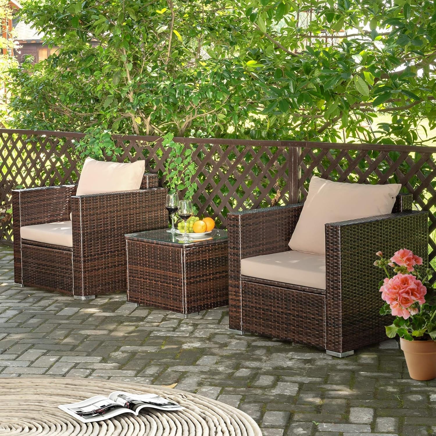 3 Piece Outdoor Patio Furniture Set Rattan Wicker With Washable Cushions And Tempered Glass Tabletop