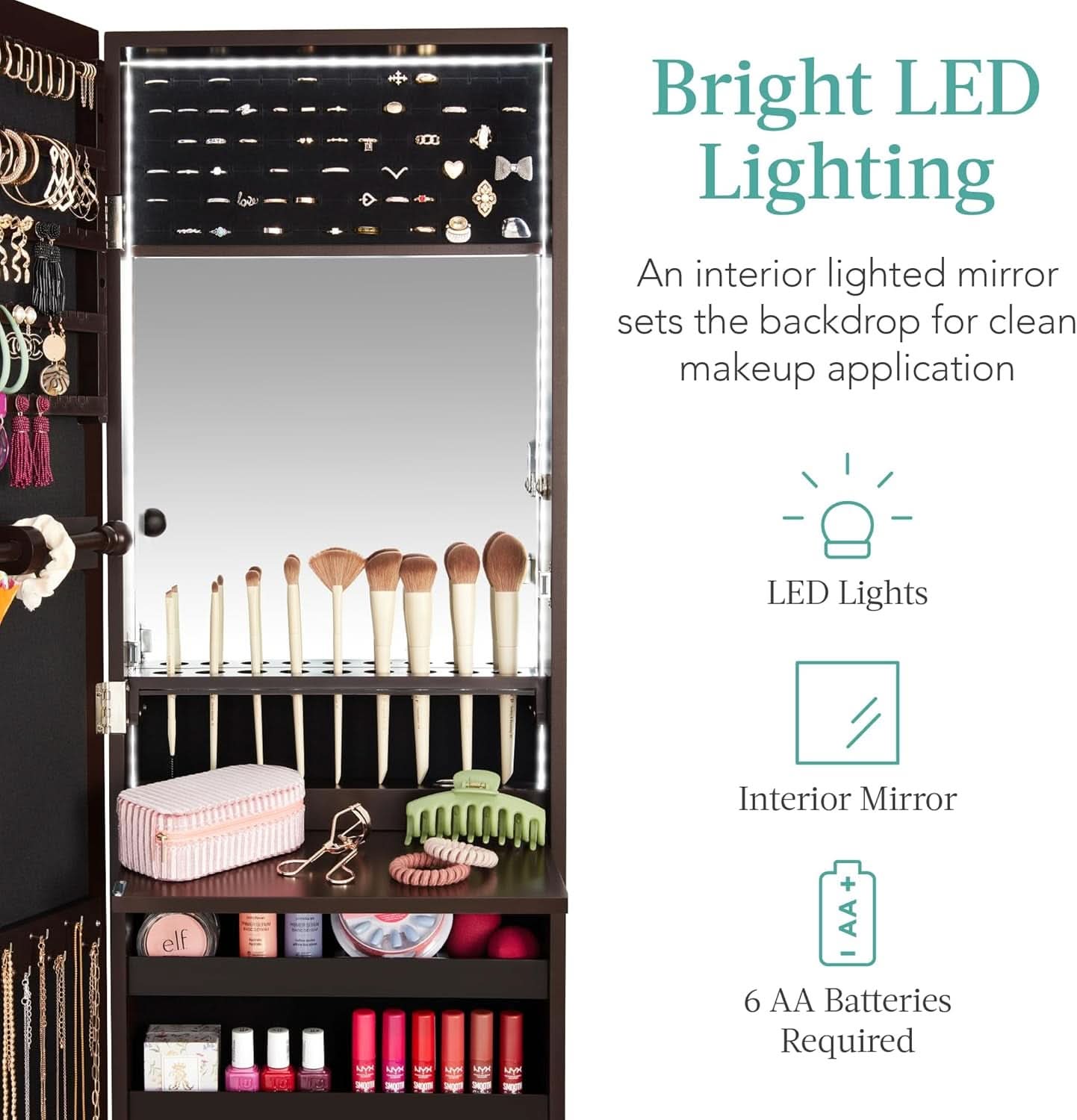 LED Mirror Jewelry Cabinet Lockable Espresso Armoire-2