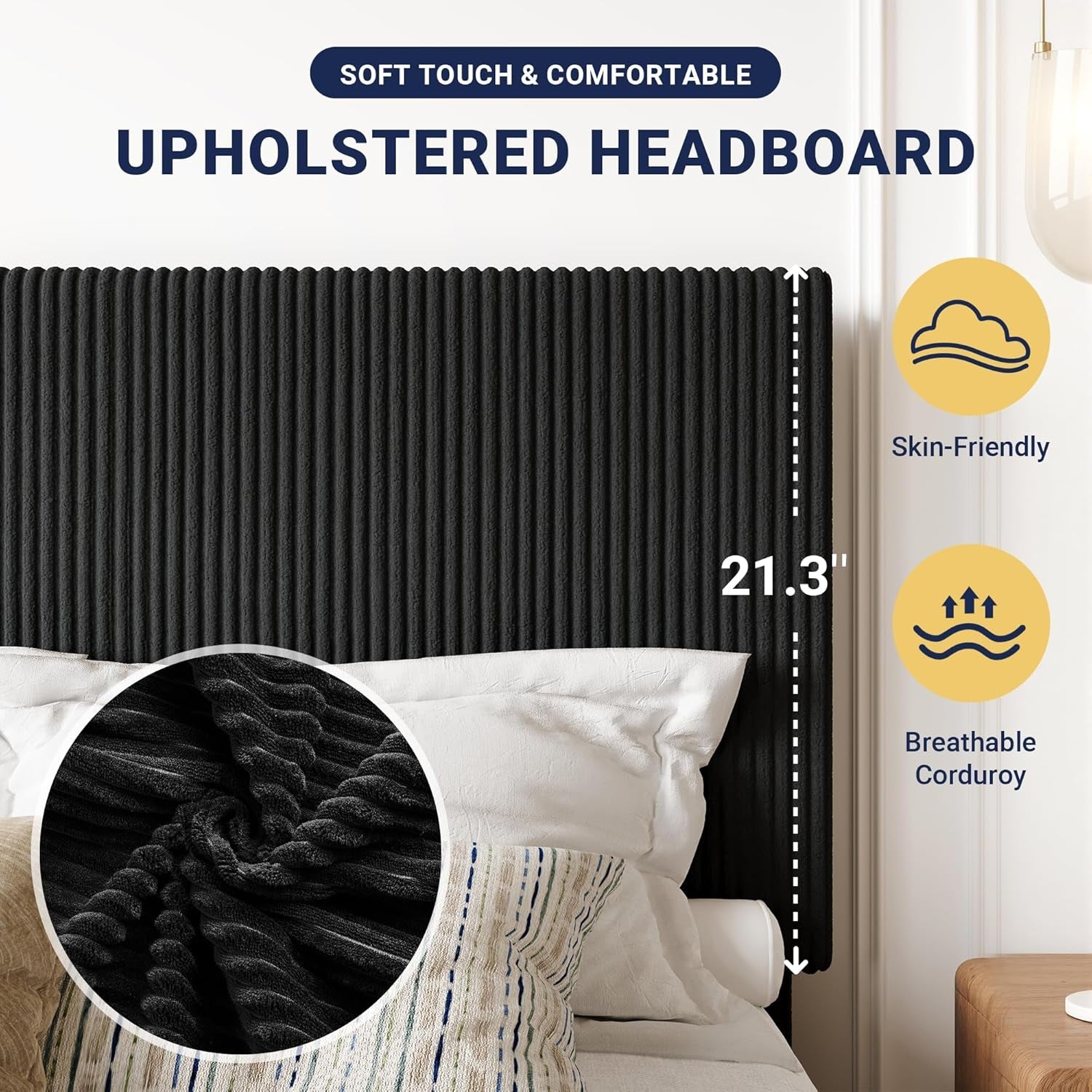 Full Upholstered Platform Bed Frame Corduroy Black