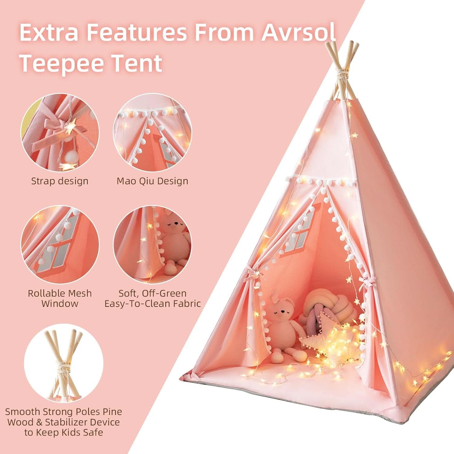 Pink Kids Teepee Tent With Mat Foldable Cotton Canvas-1