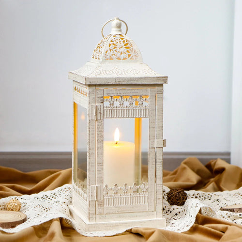 14.5" H Decorative Candle Lanterns（Beige with Gold Brush）-0