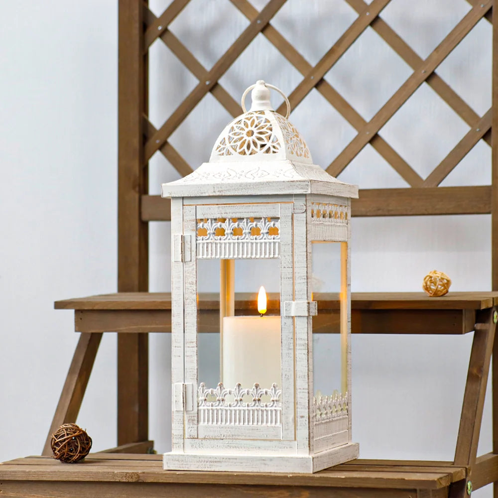 14.5" H Decorative Candle Lanterns（Beige with Gold Brush）-1