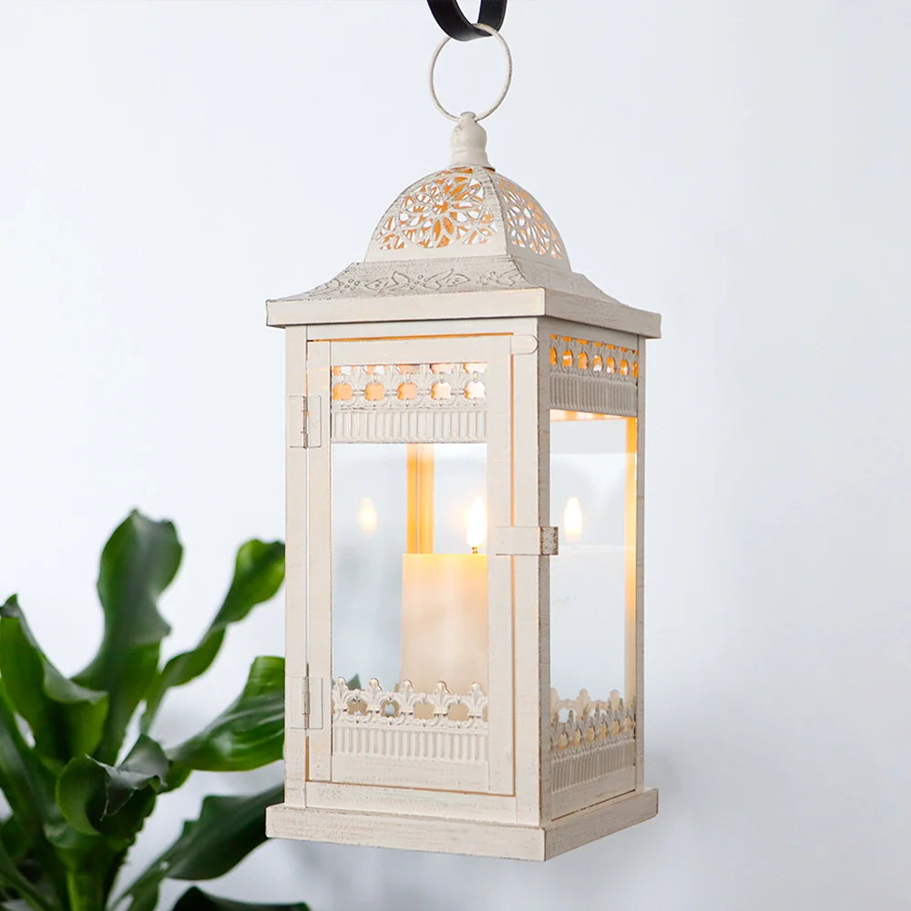 14.5" H Decorative Candle Lanterns（Beige with Gold Brush）-2