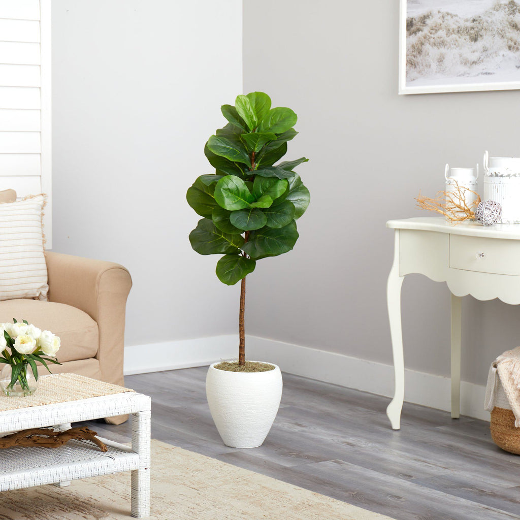 Artificial Fiddle Leaf Fig Tree in White Planter, 52”-3