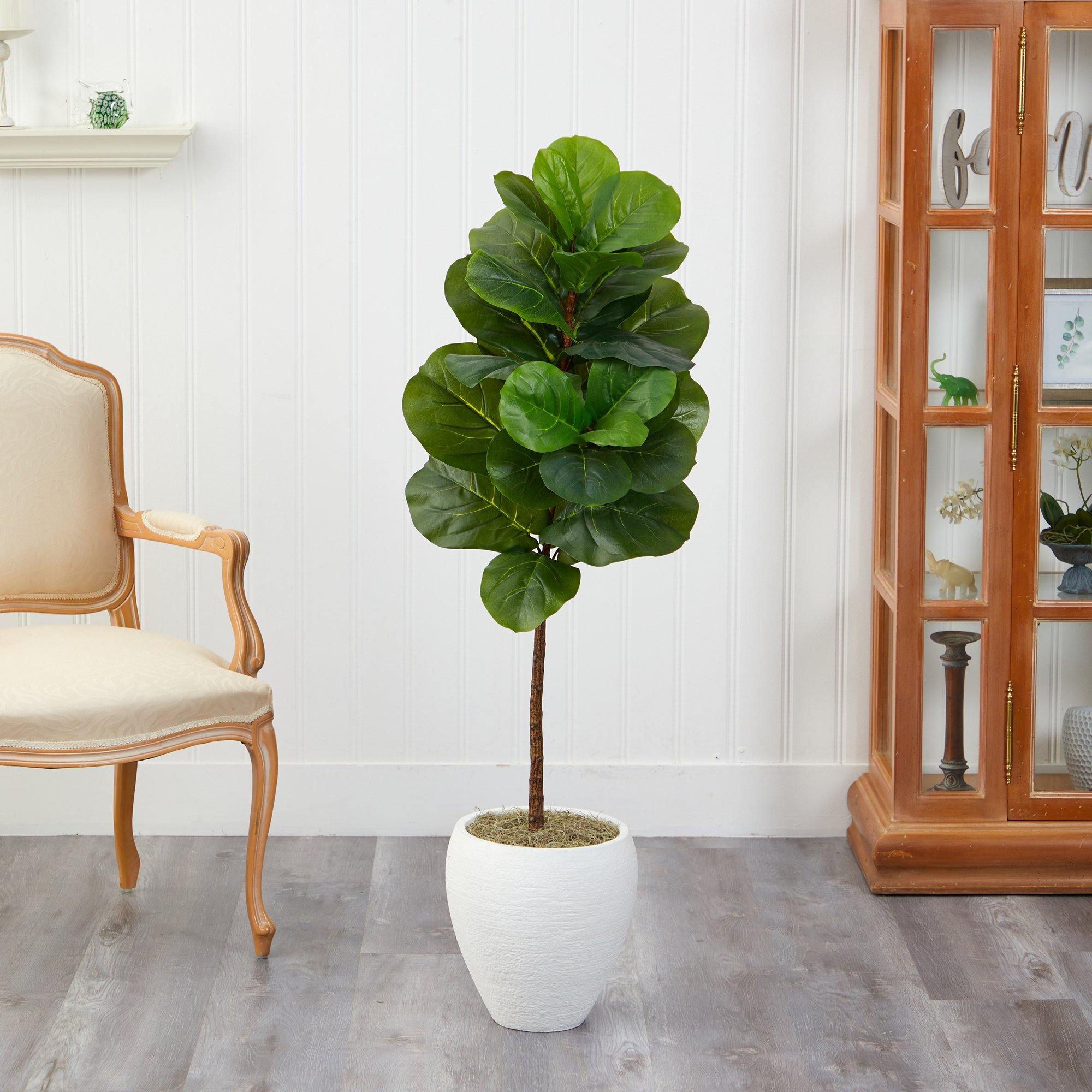Artificial Fiddle Leaf Fig Tree in White Planter, 52”-2