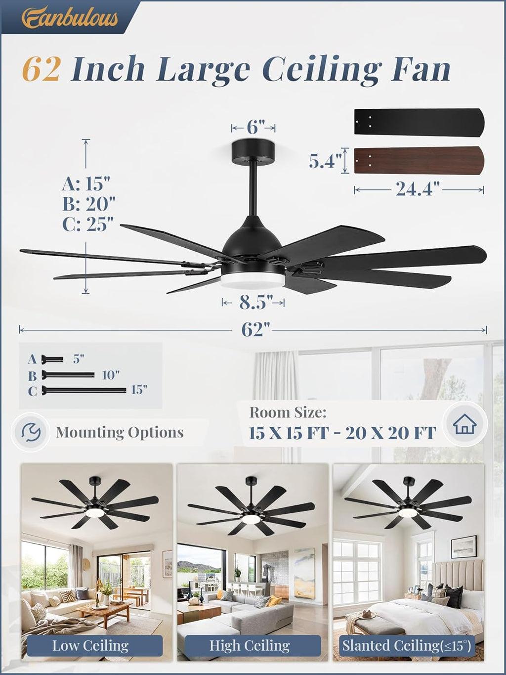 62Inch Black Ultraquiet Industrial Ceiling Fan Remote LED-4