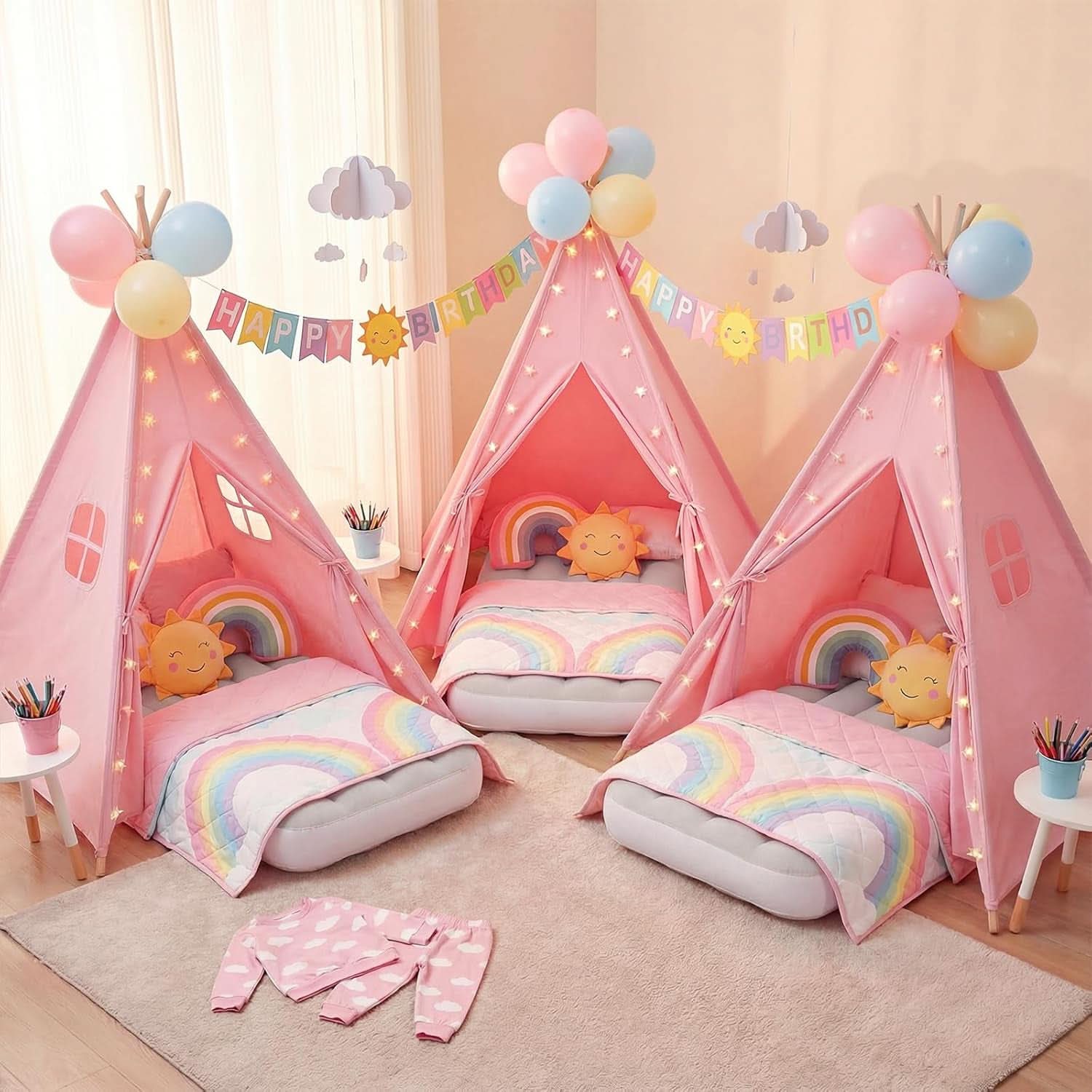 Pink Teepee Tent With Inflatable Airbed LED String Lights-4
