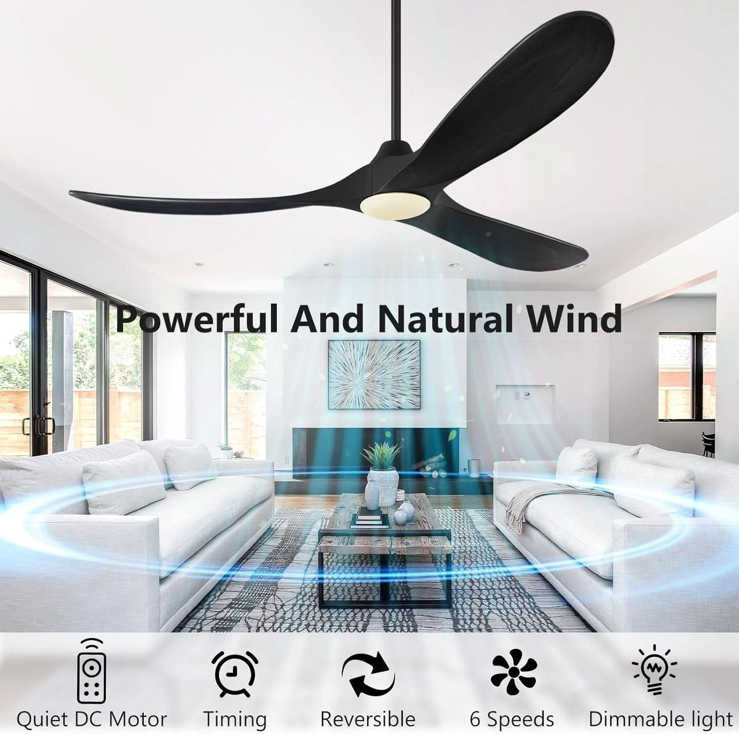 52Inch Matte Black Ceiling Fan Indoor Outdoor Low Noise-3