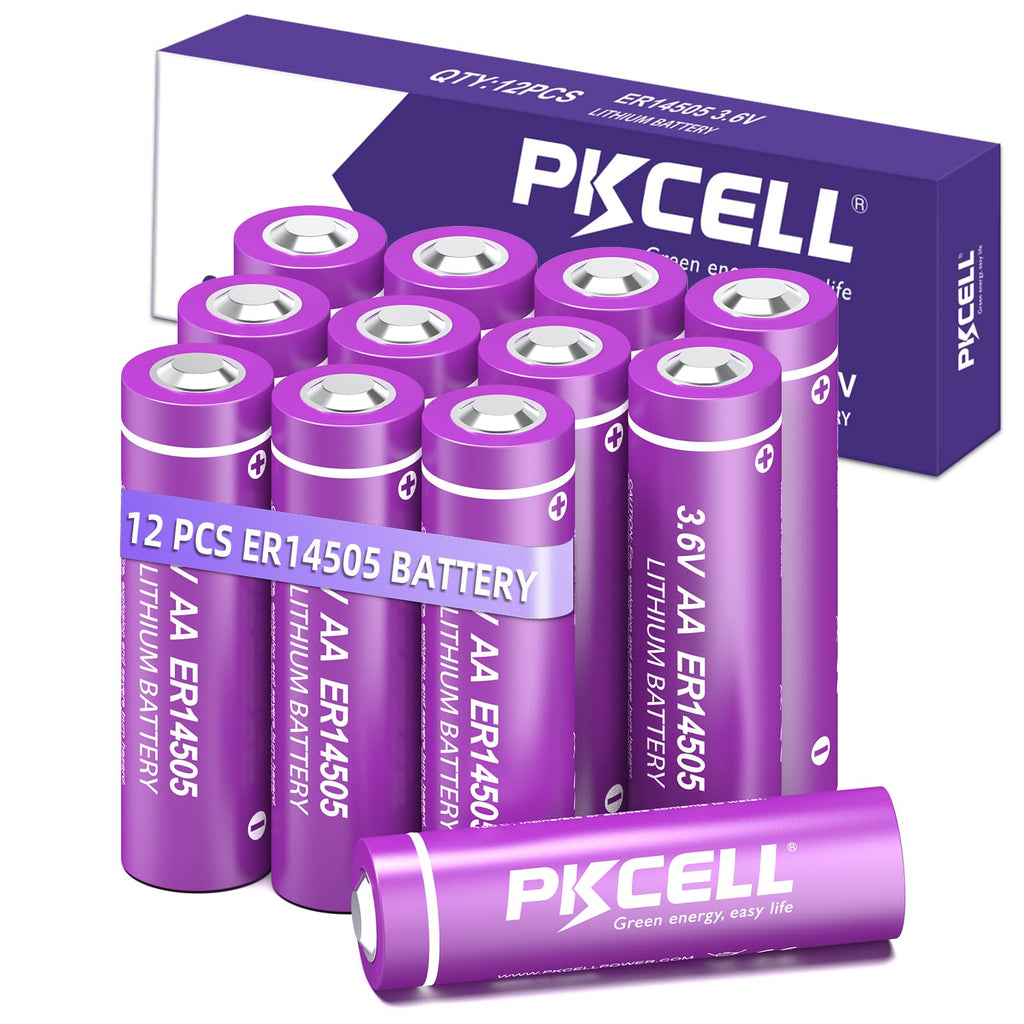 PKCELL ER14505 Battery 2400mAh 3.6V AA Lithium Battery Li-SOCL₂ Non-Rechargeable Battery for Temperature Sensor Home Alarm (12PCS)