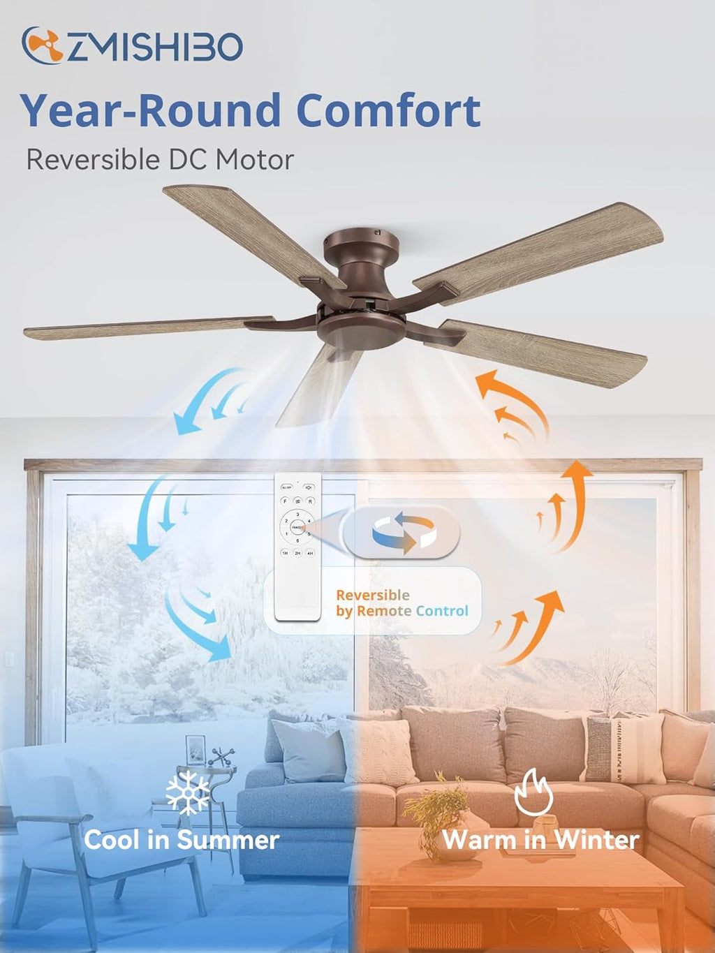 52Inch Brown Flush Mount Ceiling Fan Remote DC Motor-4