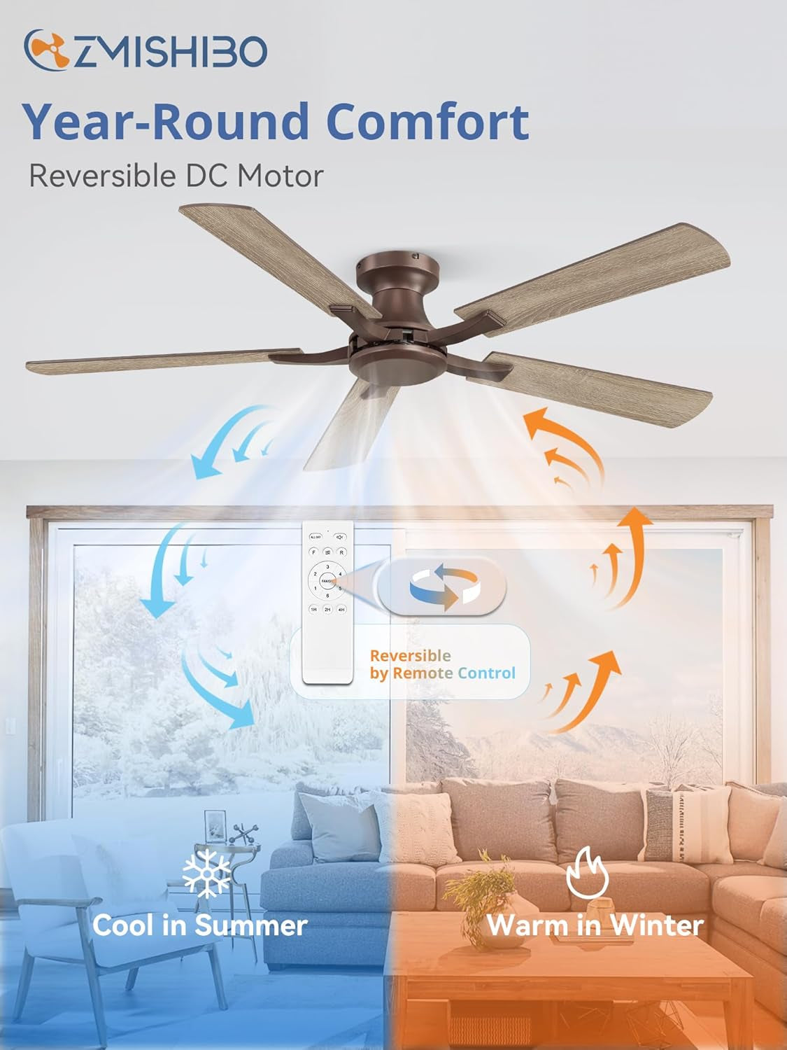 52Inch Brown Flush Mount Ceiling Fan Remote DC Motor-4
