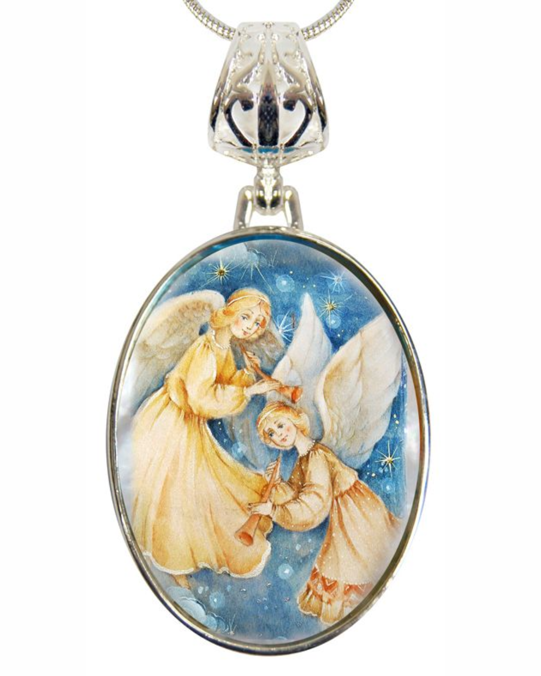 Angels Watching Over Silver Plated Mother of Pearl Jewelry Necklace - 43046-0