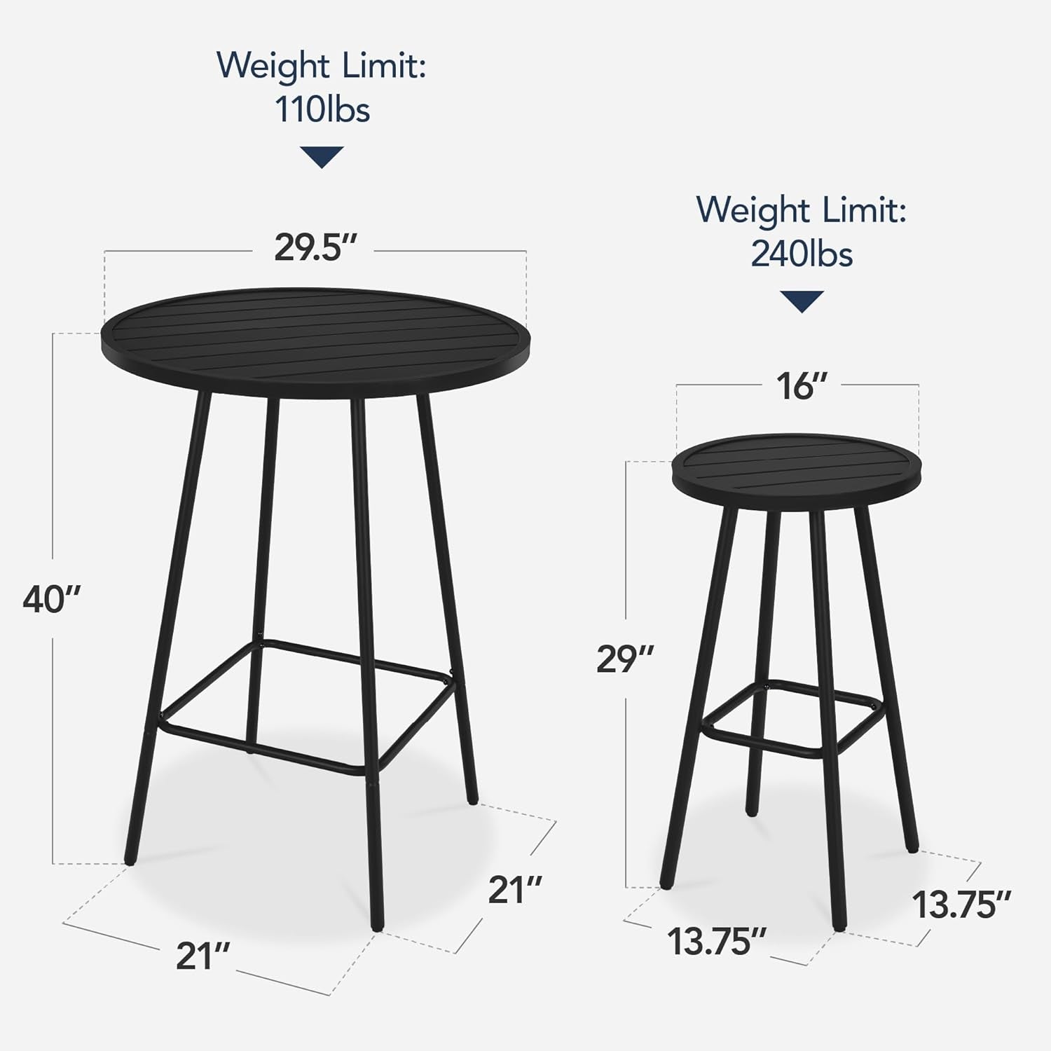 3 Piece Bar Height Patio Bistro Set Black Round Table With Backless Stools Patio Furniture Set