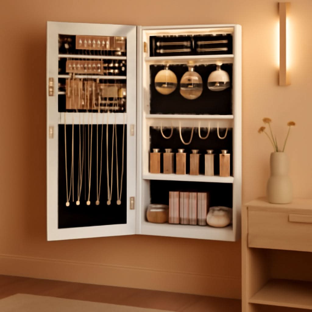 Mirror Jewelry Cabinet Armoire With LED Lights White-0