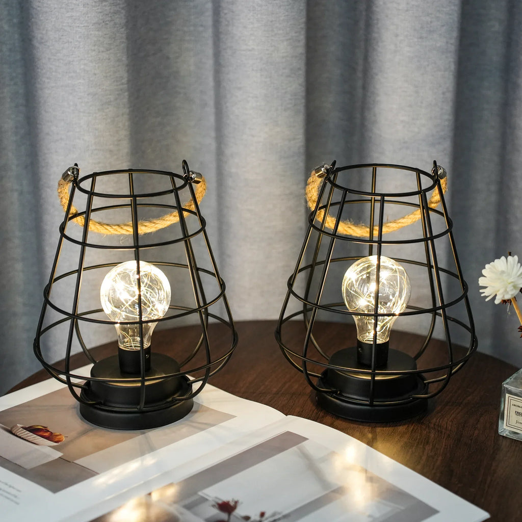 Set of 2 Cage Bulb Lantern Decorative Table Lamps-3