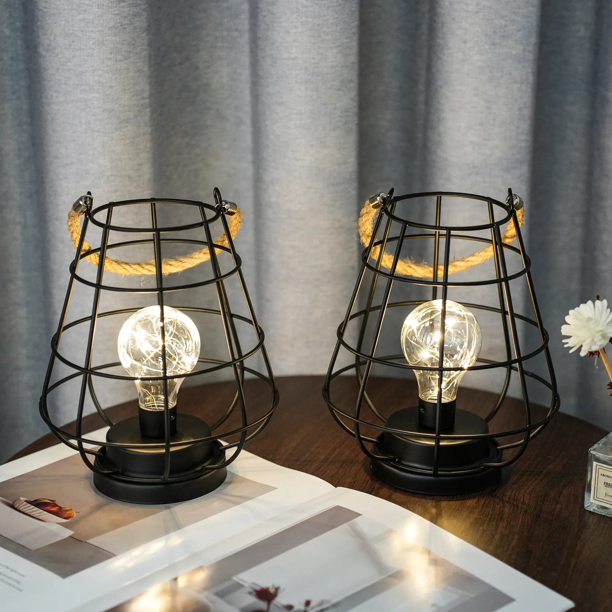Set of 2 Cage Bulb Lantern Decorative Table Lamps-3
