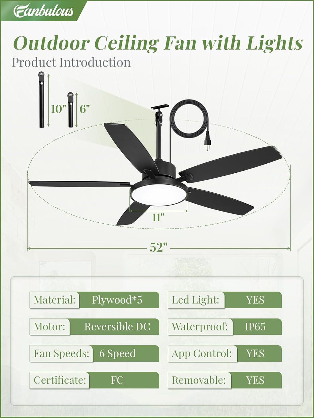 52 Inch Outdoor Ceiling Fan Weather proof Remote LED-3