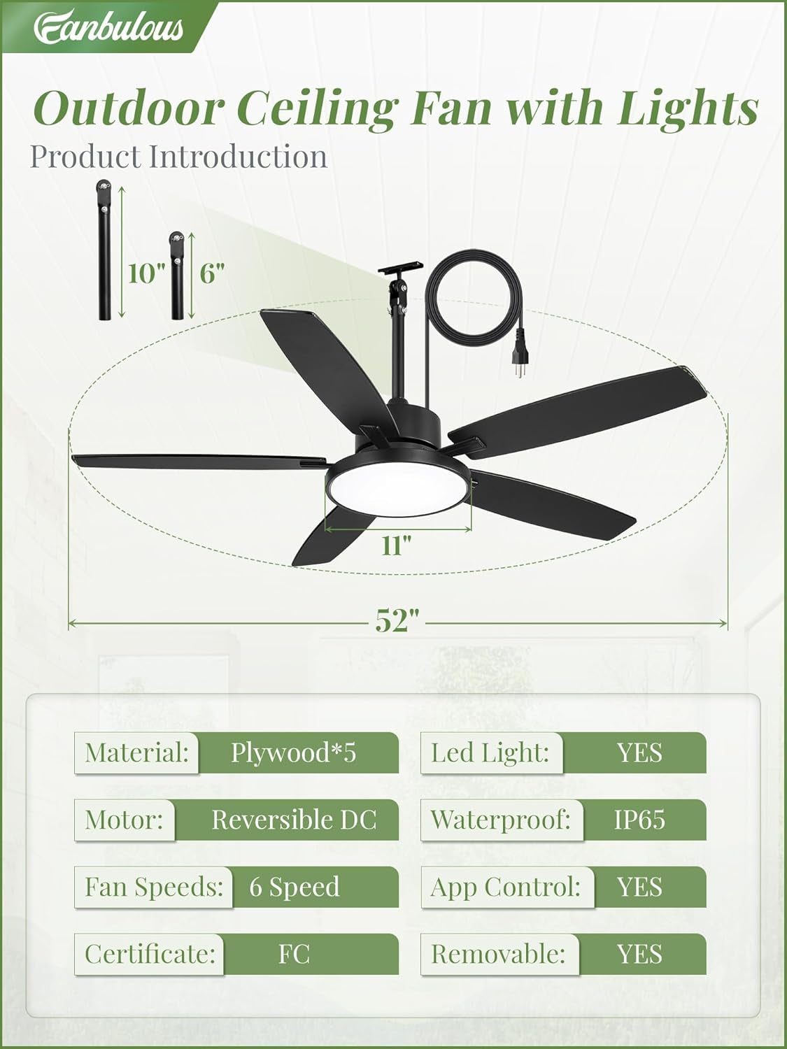 52 Inch Outdoor Ceiling Fan Weather proof Remote LED-3