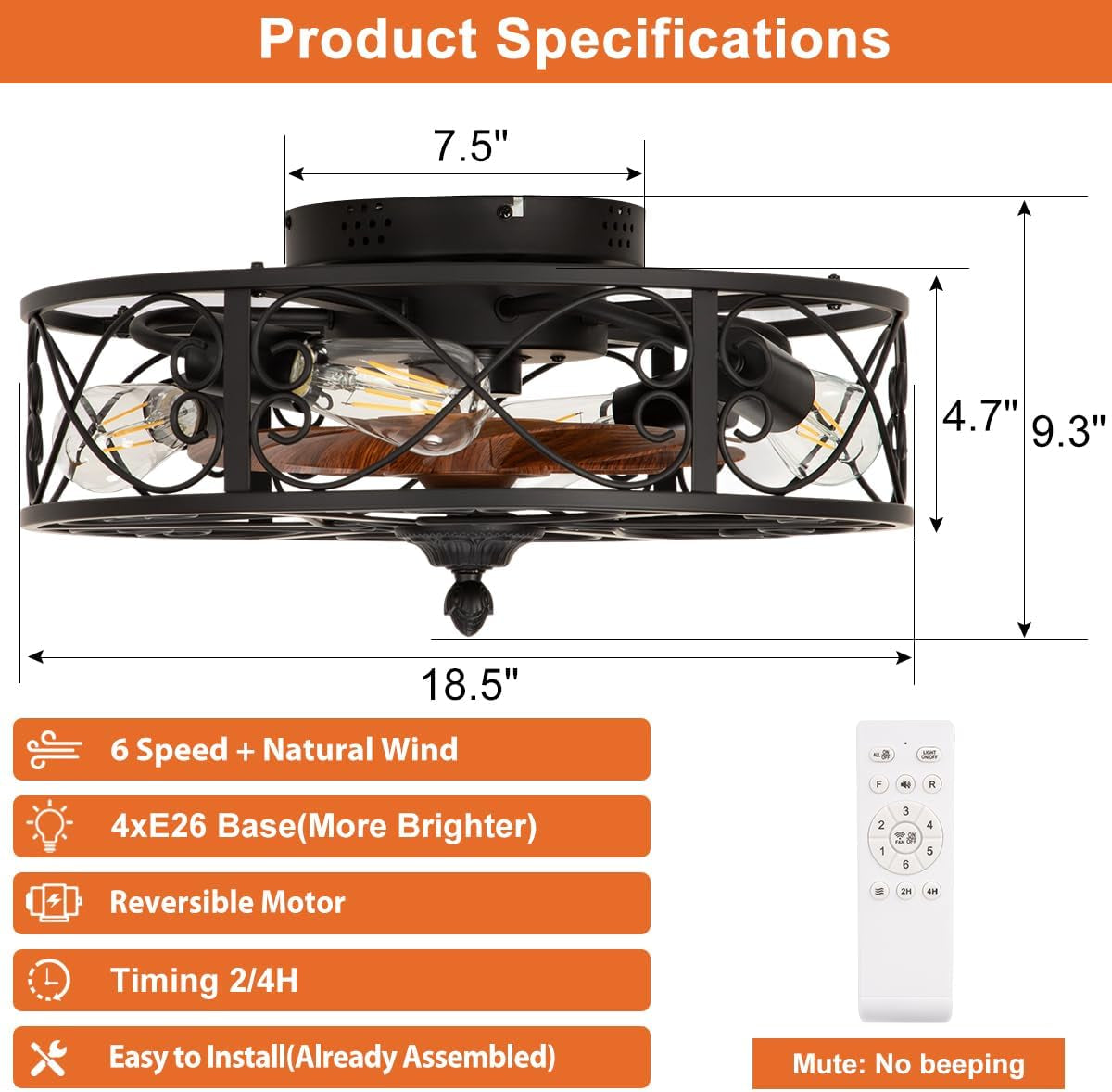 Matte Black Farmhouse Enclosed Ceiling Fan Lighting-2