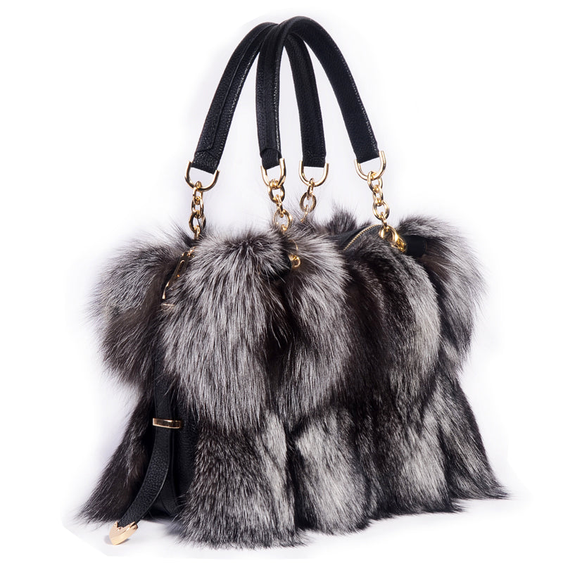 Fox Fur Fashion Handbag with Cowhide Trim