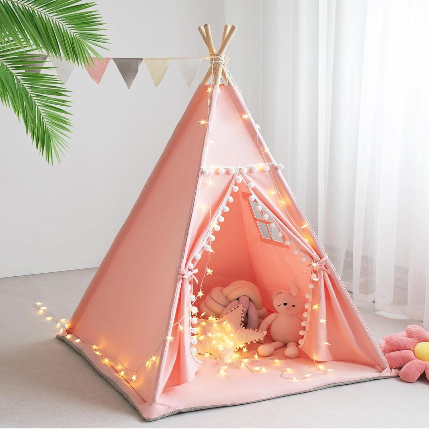 Pink Kids Teepee Tent With Mat Foldable Cotton Canvas-0