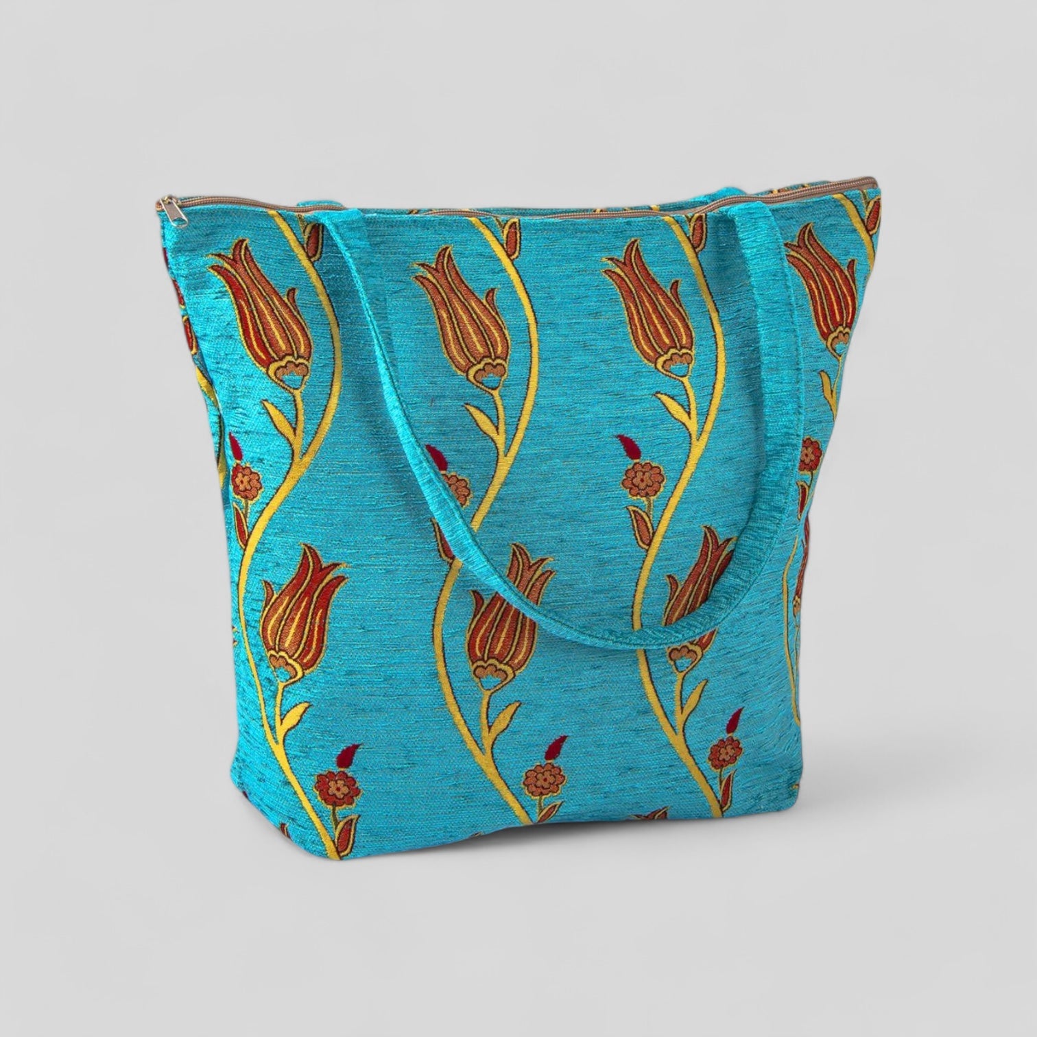 Authentic Kilim Fabric Ottoman Tulips Design Purse with Handles, Turkish Carpet, Beach Bag, Tote, Reusable Shopping Bag -- Turquoise/Gold-0